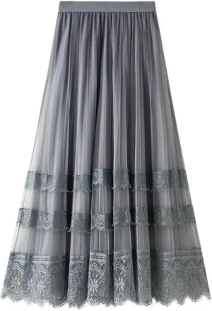 Women's Midi Skirt Elastic High Waist Lace Tulle Skirt Pleated Skirt