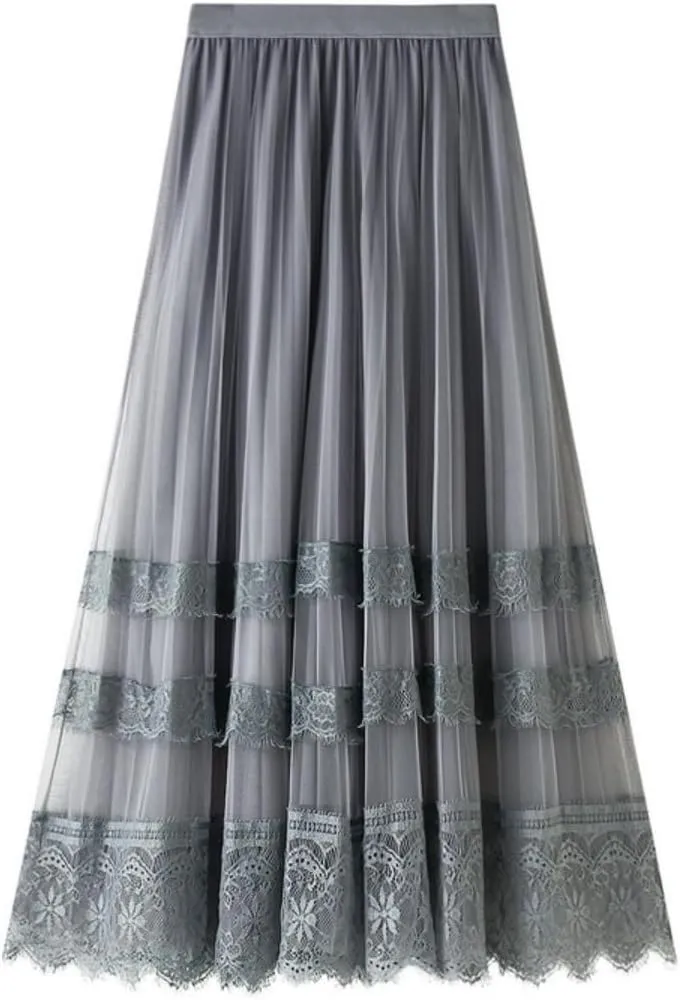 Women's Midi Skirt Elastic High Waist Lace Tulle Skirt Pleated Skirt