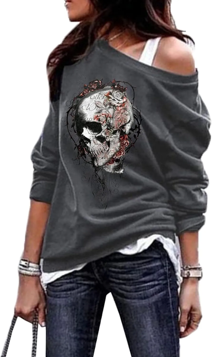 Women's Off Shoulder Skull Sweatshirt Slouchy Long Sleeve Shirt Pullover Tops Loose Cotton Graphic T-shirt, Grey