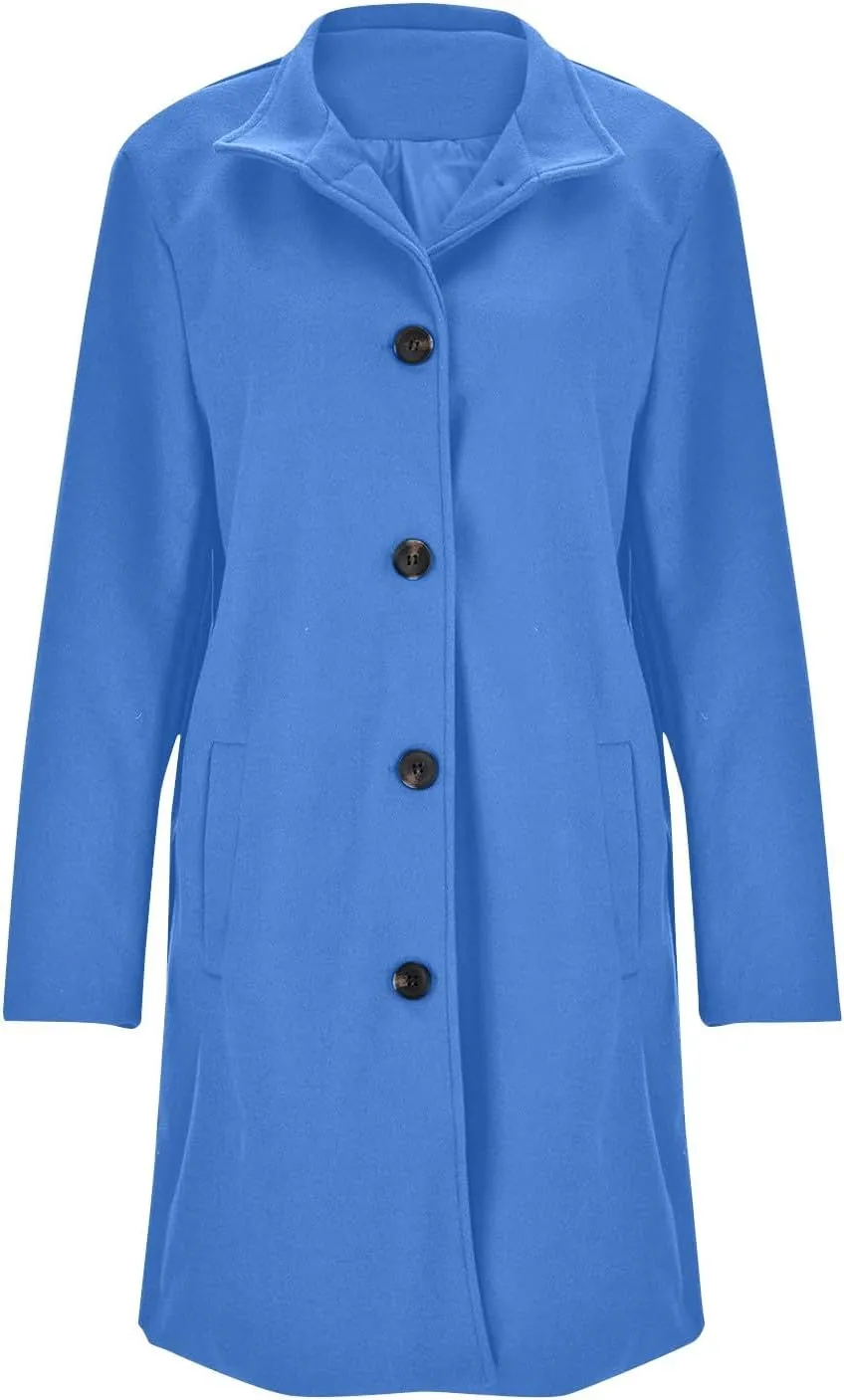 Womens Pea Coat Elegant Single Breasted Winter Trench Coat Dressy Casual Thicken Wool Blend Blazer Jacket with Pockets