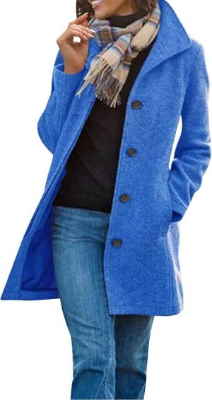 Womens Pea Coat Elegant Single Breasted Winter Trench Coat Dressy Casual Thicken Wool Blend Blazer Jacket with Pockets