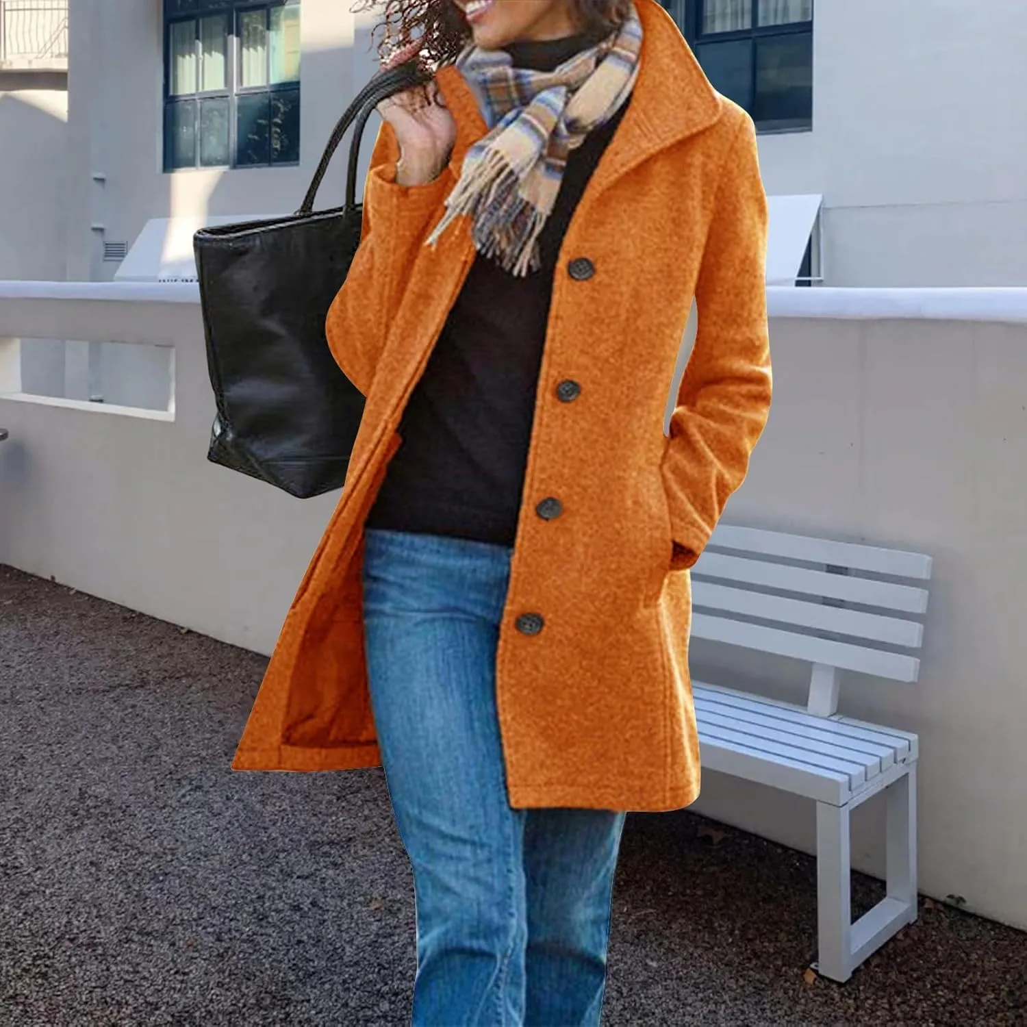 Womens Pea Coat Elegant Single Breasted Winter Trench Coat Dressy Casual Thicken Wool Blend Blazer Jacket with Pockets