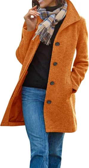 Womens Pea Coat Elegant Single Breasted Winter Trench Coat Dressy Casual Thicken Wool Blend Blazer Jacket with Pockets