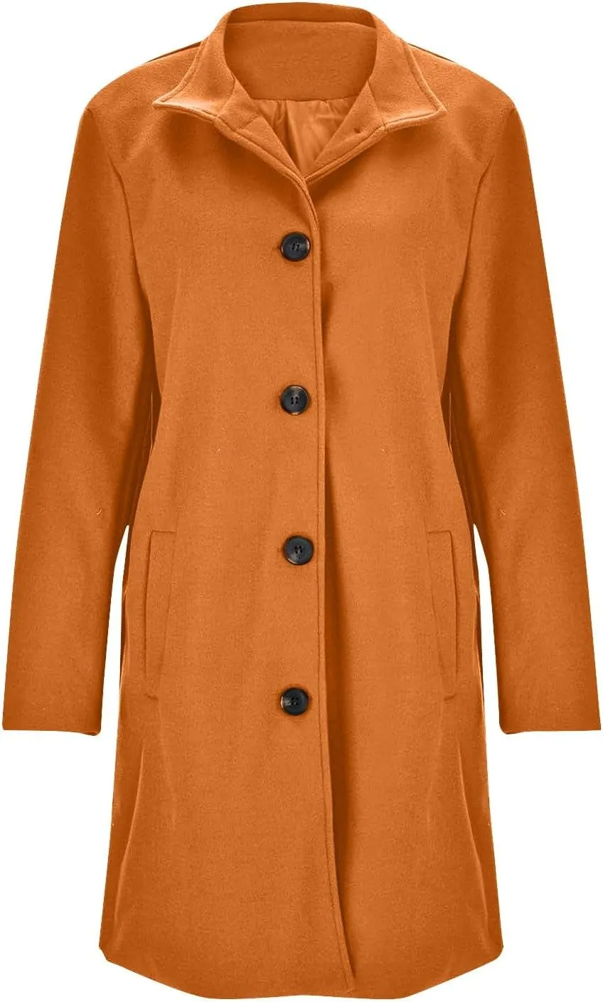 Womens Pea Coat Elegant Single Breasted Winter Trench Coat Dressy Casual Thicken Wool Blend Blazer Jacket with Pockets