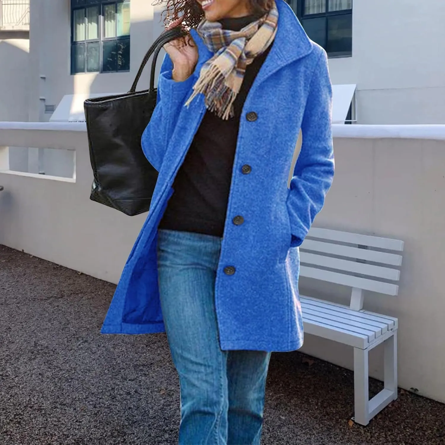 Womens Pea Coat Elegant Single Breasted Winter Trench Coat Dressy Casual Thicken Wool Blend Blazer Jacket with Pockets