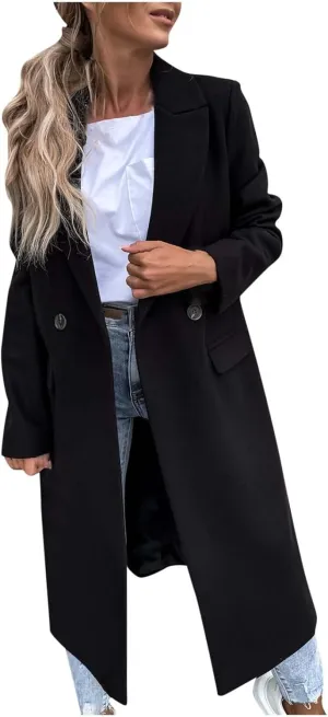 Womens Pea Coat Long Winter Trench Coats Retro Solid Jackets Double Breasted Fashion Outwear with Pockets 2024