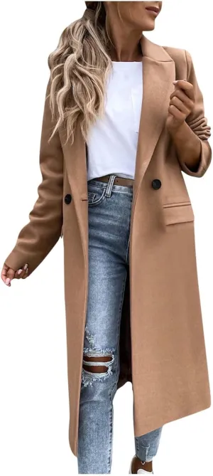 Womens Pea Coat Long Winter Trench Coats Retro Solid Jackets Double Breasted Fashion Outwear with Pockets 2024