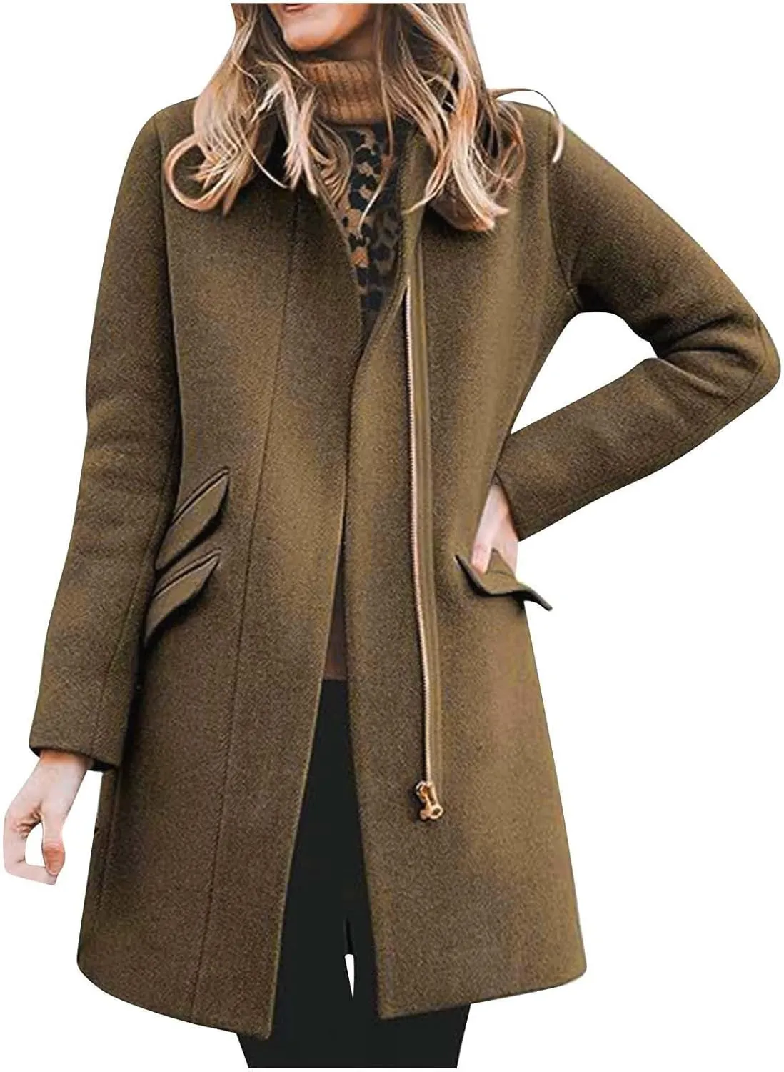 Womens Pea Coat Wool Blend Trench Coat Trendy Zipper Fall Winter Mid Long Jacket Vacation Solid Color Casual Overcoat