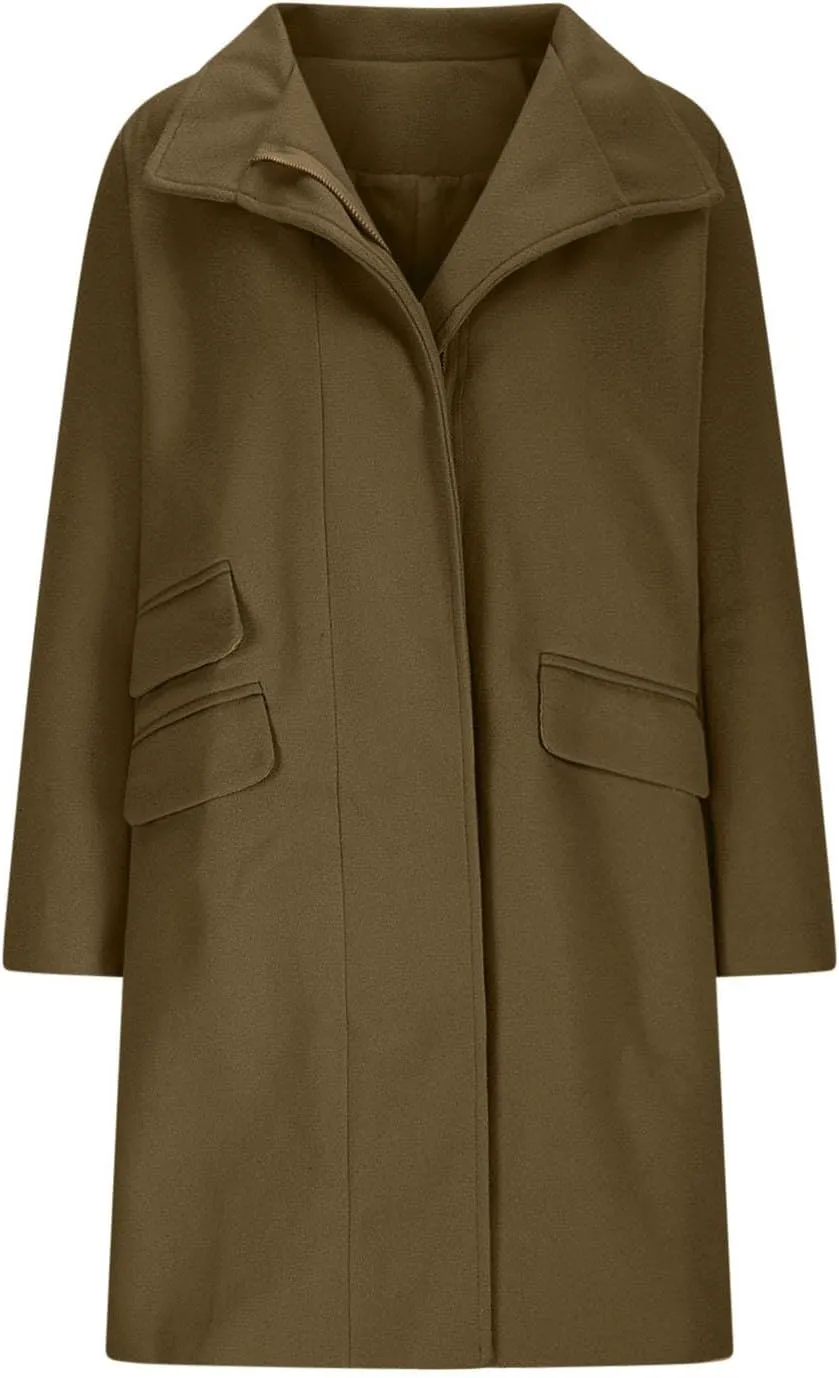 Womens Pea Coat Wool Blend Trench Coat Trendy Zipper Fall Winter Mid Long Jacket Vacation Solid Color Casual Overcoat