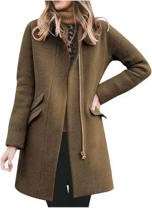 Womens Pea Coat Wool Blend Trench Coat Trendy Zipper Fall Winter Mid Long Jacket Vacation Solid Color Casual Overcoat