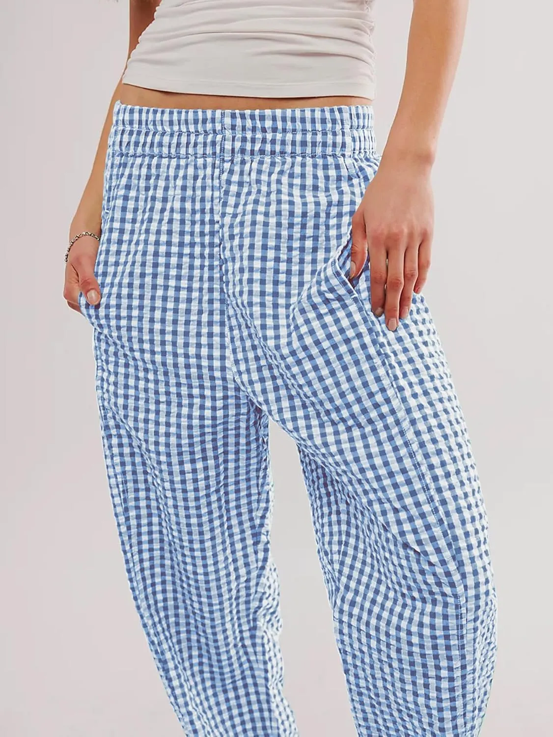 Women's Plaid Pant Gingham Lounge Pants Wide Leg Mid Rise Elastic Waist Checkered Long Trousers with Pockets