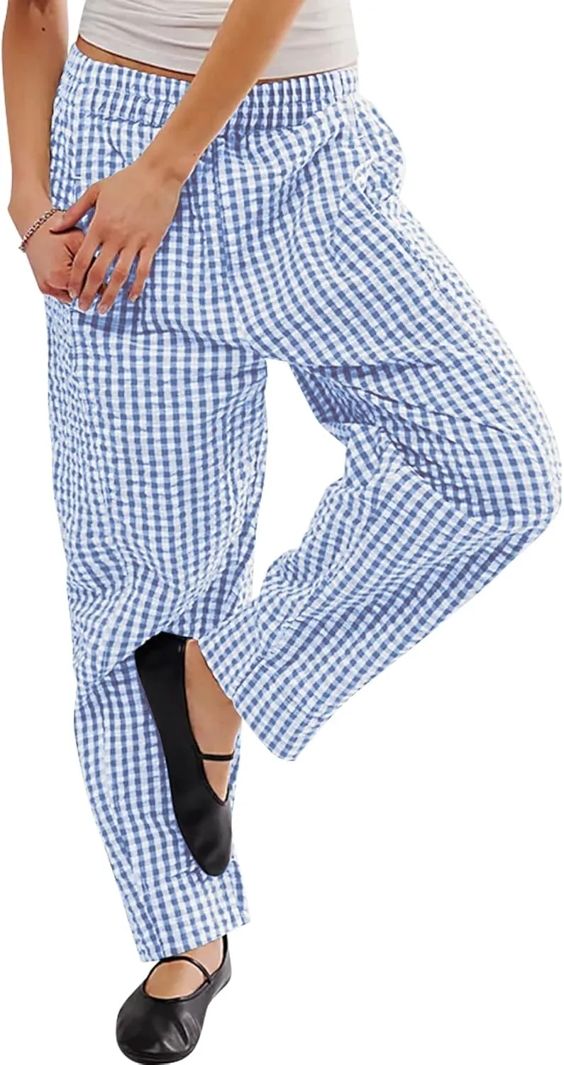 Women's Plaid Pant Gingham Lounge Pants Wide Leg Mid Rise Elastic Waist Checkered Long Trousers with Pockets