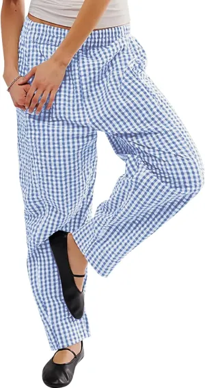 Women's Plaid Pant Gingham Lounge Pants Wide Leg Mid Rise Elastic Waist Checkered Long Trousers with Pockets