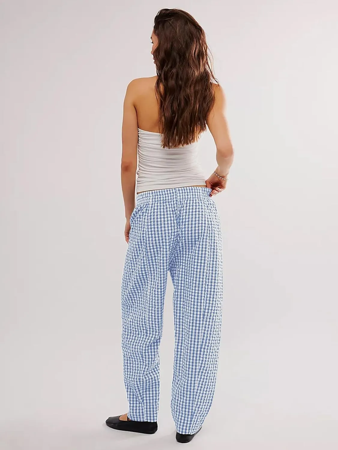 Women's Plaid Pant Gingham Lounge Pants Wide Leg Mid Rise Elastic Waist Checkered Long Trousers with Pockets