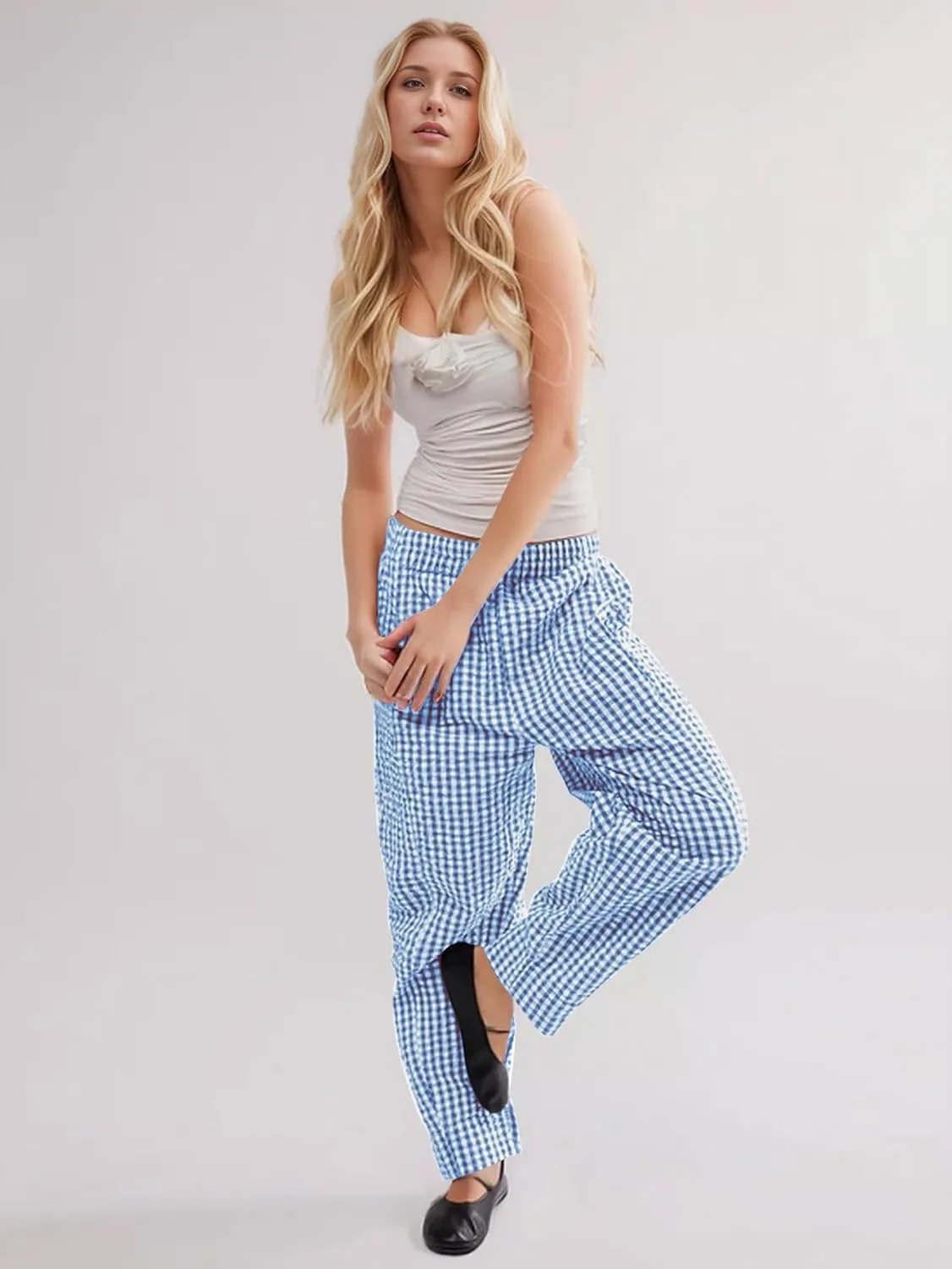 Women's Plaid Pant Gingham Lounge Pants Wide Leg Mid Rise Elastic Waist Checkered Long Trousers with Pockets