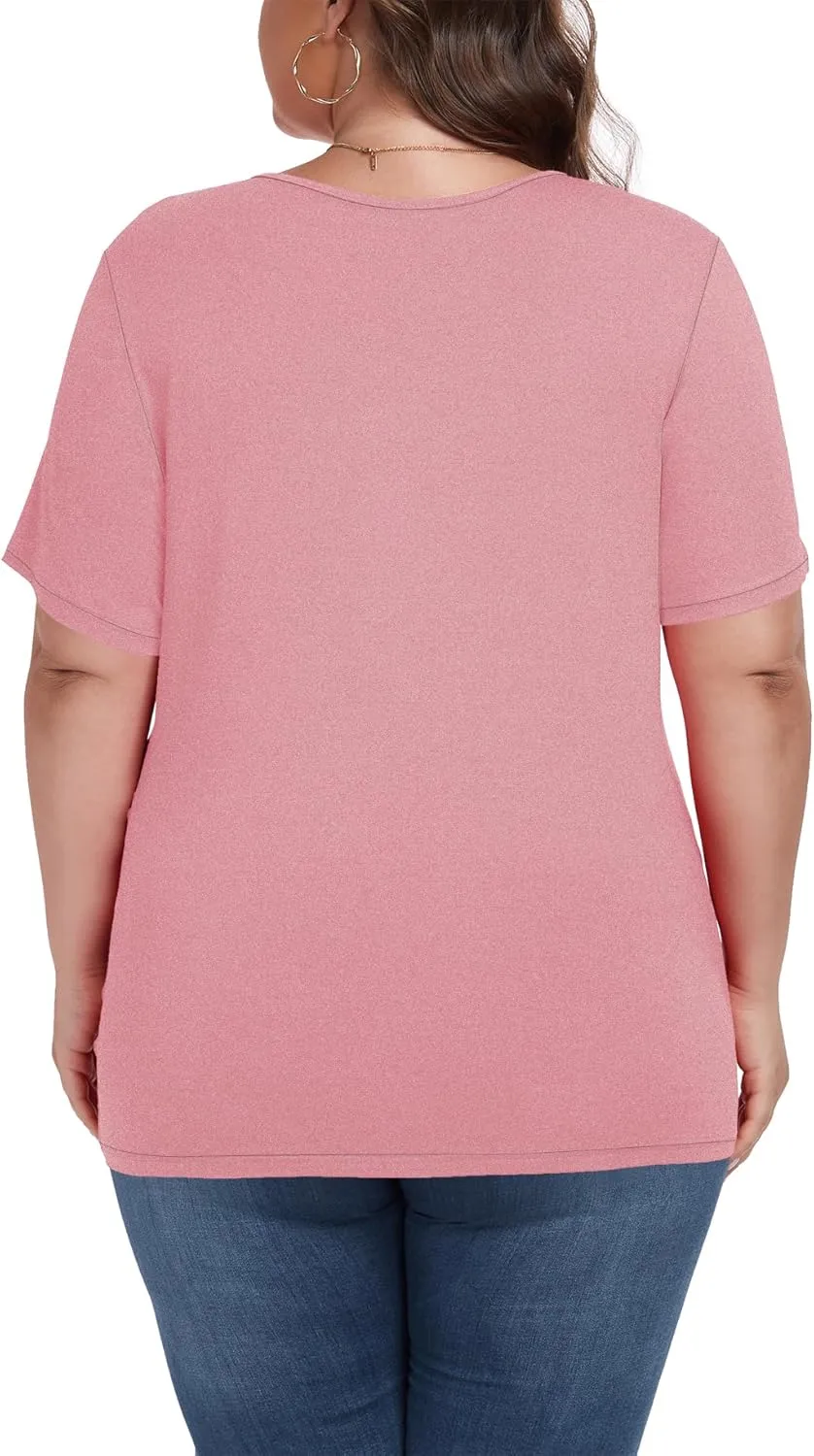 Women's Plus Size Shirt Short Sleeve Button Round Neck Top Basic Ladies Loose Fit T Shirt
