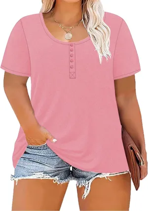 Women's Plus Size Shirt Short Sleeve Button Round Neck Top Basic Ladies Loose Fit T Shirt