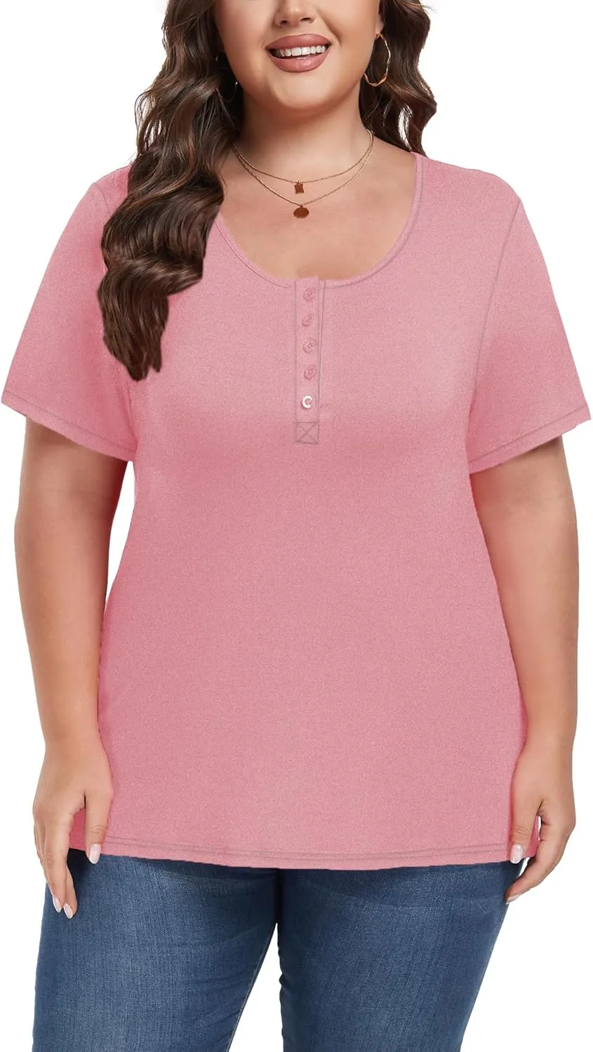 Women's Plus Size Shirt Short Sleeve Button Round Neck Top Basic Ladies Loose Fit T Shirt