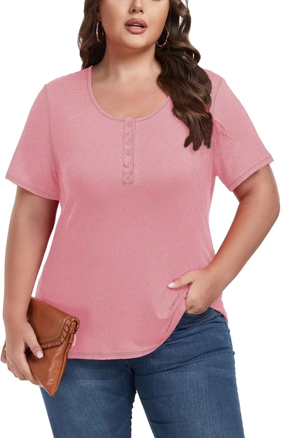 Women's Plus Size Shirt Short Sleeve Button Round Neck Top Basic Ladies Loose Fit T Shirt