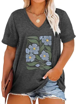 Womens Plus Size Tops Boho Floral Short Sleeve V Neck T-Shirt Casual Summer Wildflower Graphic Tees