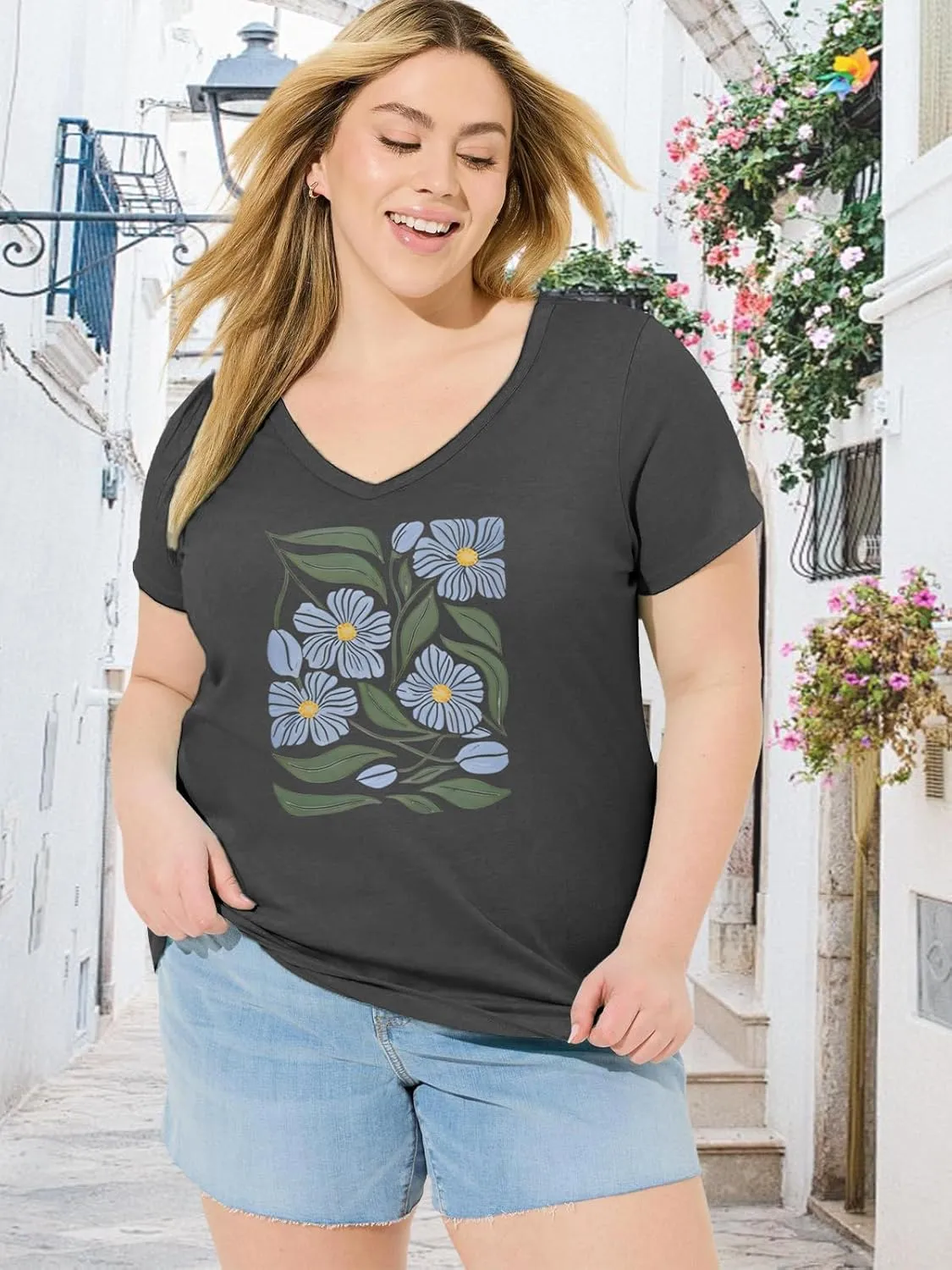 Womens Plus Size Tops Boho Floral Short Sleeve V Neck T-Shirt Casual Summer Wildflower Graphic Tees