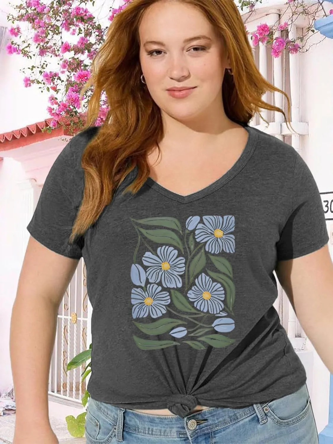 Womens Plus Size Tops Boho Floral Short Sleeve V Neck T-Shirt Casual Summer Wildflower Graphic Tees