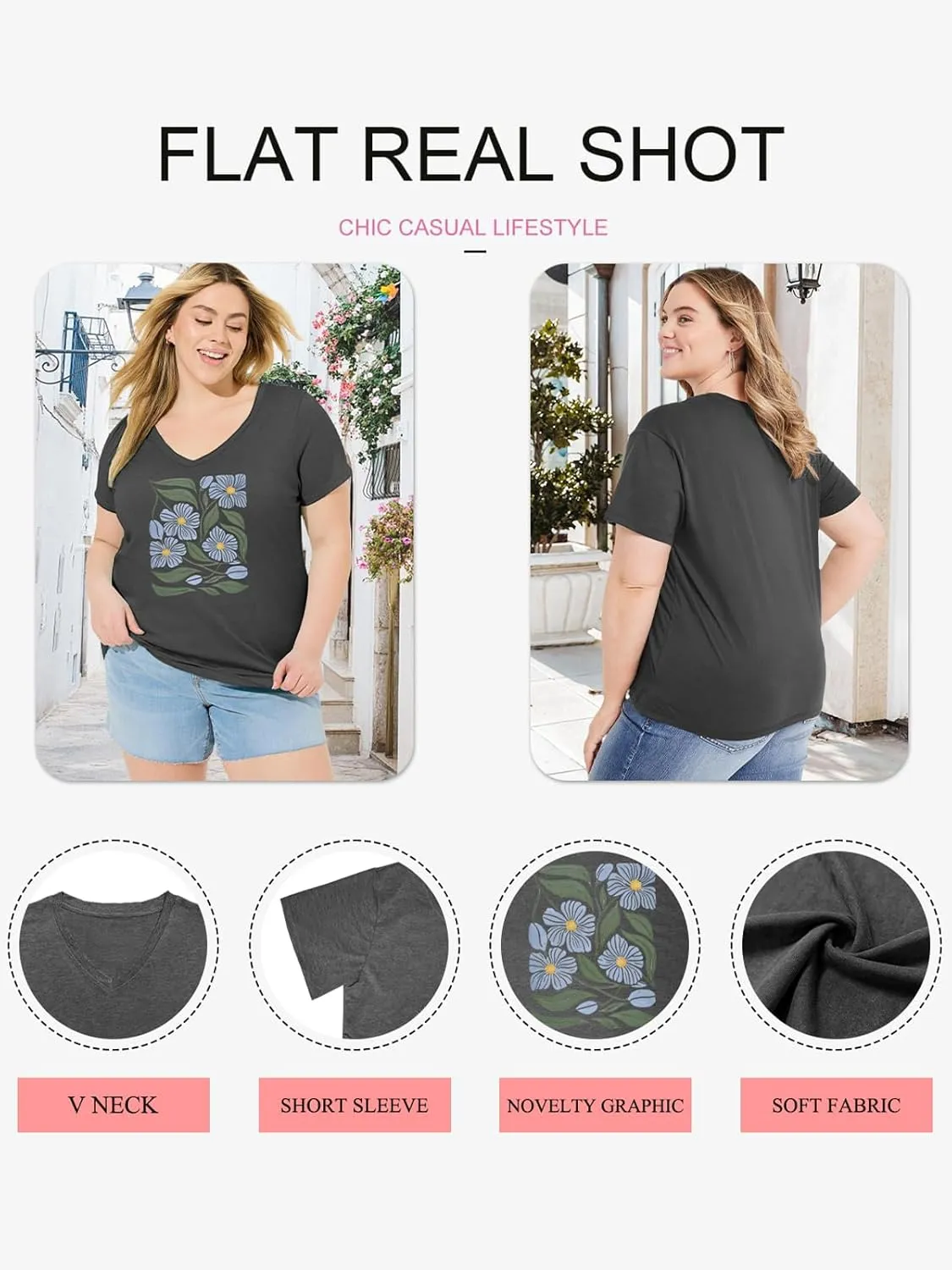 Womens Plus Size Tops Boho Floral Short Sleeve V Neck T-Shirt Casual Summer Wildflower Graphic Tees