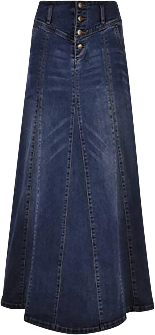 Women's Retro Exposure Button Fly Packaged Hip A Line Maxi Long Denim Skirt Skirts for Women Trendy