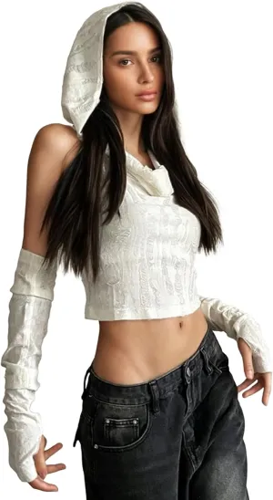 Womens Ripped Hoodie Sweater Vest Hollow Out Hooded Crop Top Knit Pullover Streetwear with Oversleeve
