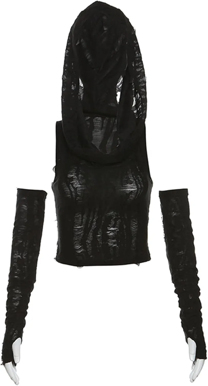 Womens Ripped Hoodie Sweater Vest Hollow Out Hooded Crop Top Knit Pullover Streetwear with Oversleeve