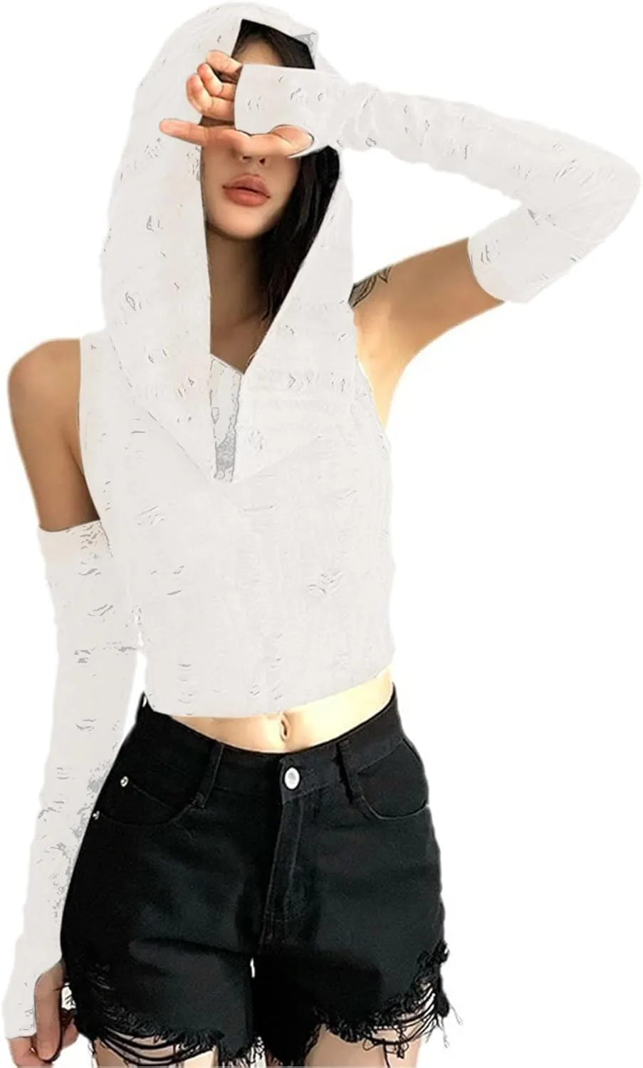 Womens Ripped Hoodie Sweater Vest Hollow Out Hooded Crop Top Knit Pullover Streetwear with Oversleeve