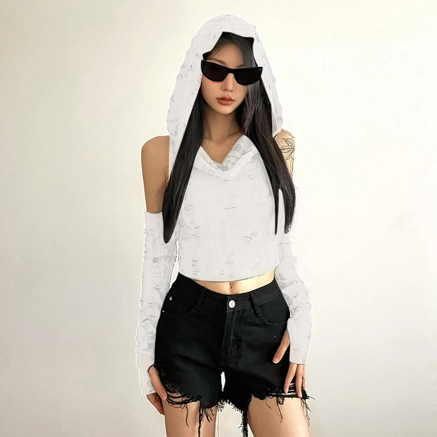 Womens Ripped Hoodie Sweater Vest Hollow Out Hooded Crop Top Knit Pullover Streetwear with Oversleeve