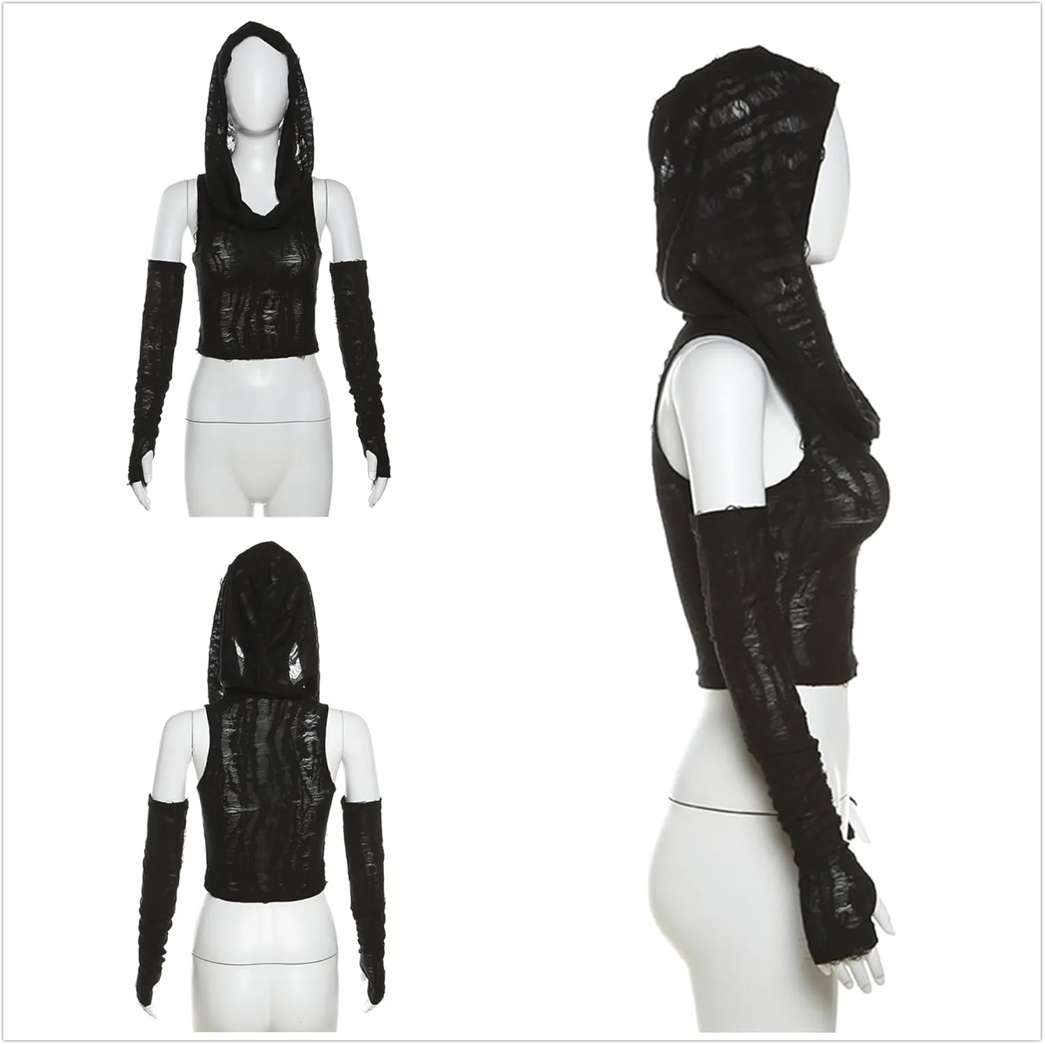 Womens Ripped Hoodie Sweater Vest Hollow Out Hooded Crop Top Knit Pullover Streetwear with Oversleeve