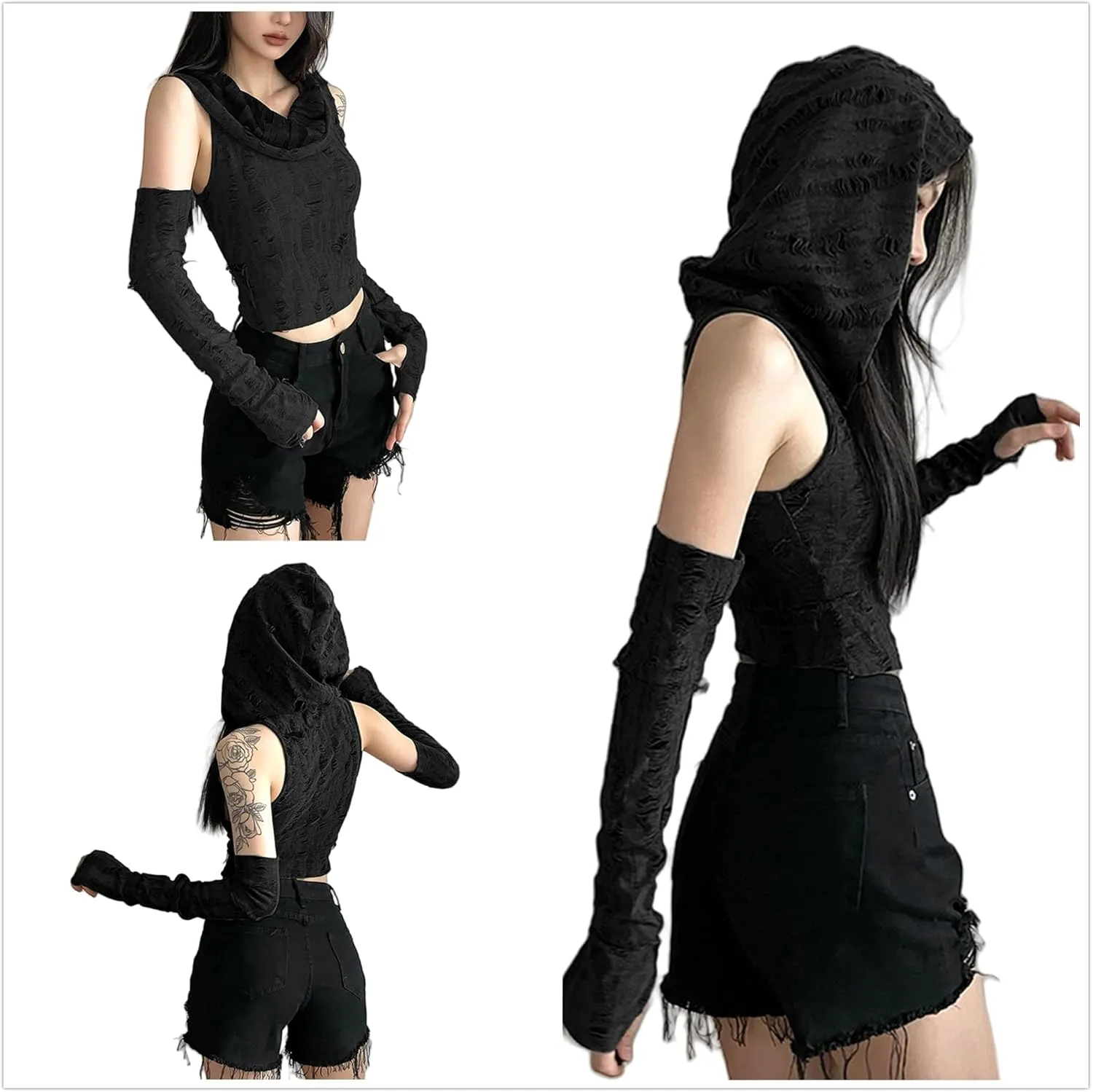 Womens Ripped Hoodie Sweater Vest Hollow Out Hooded Crop Top Knit Pullover Streetwear with Oversleeve