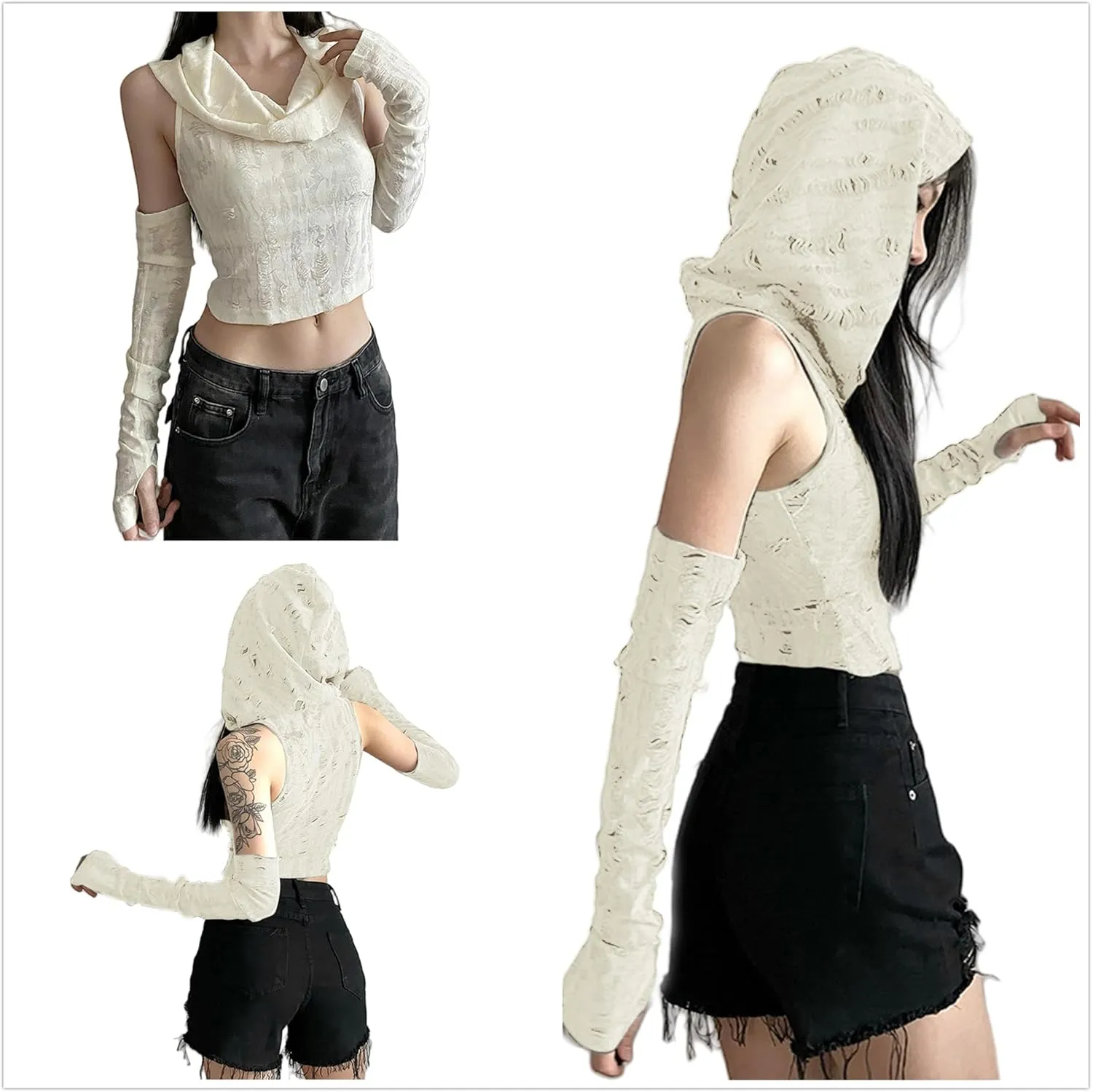 Womens Ripped Hoodie Sweater Vest Hollow Out Hooded Crop Top Knit Pullover Streetwear with Oversleeve