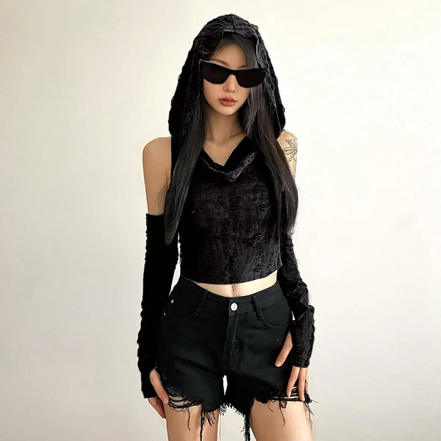 Womens Ripped Hoodie Sweater Vest Hollow Out Hooded Crop Top Knit Pullover Streetwear with Oversleeve