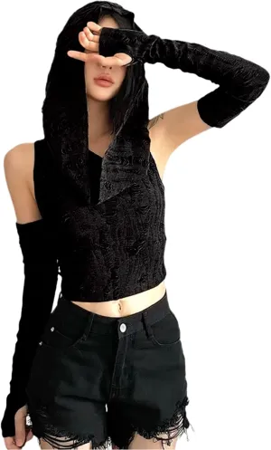 Womens Ripped Hoodie Sweater Vest Hollow Out Hooded Crop Top Knit Pullover Streetwear with Oversleeve