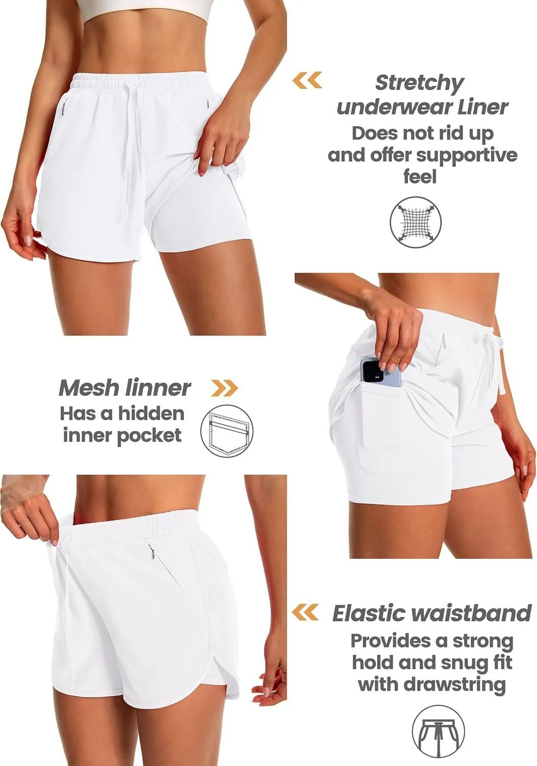 Womens Running Athletic Shorts - 2 in 1 Shorts High Waisted Workout Gym Casual Shorts Mesh Liner Zipper Pockets
