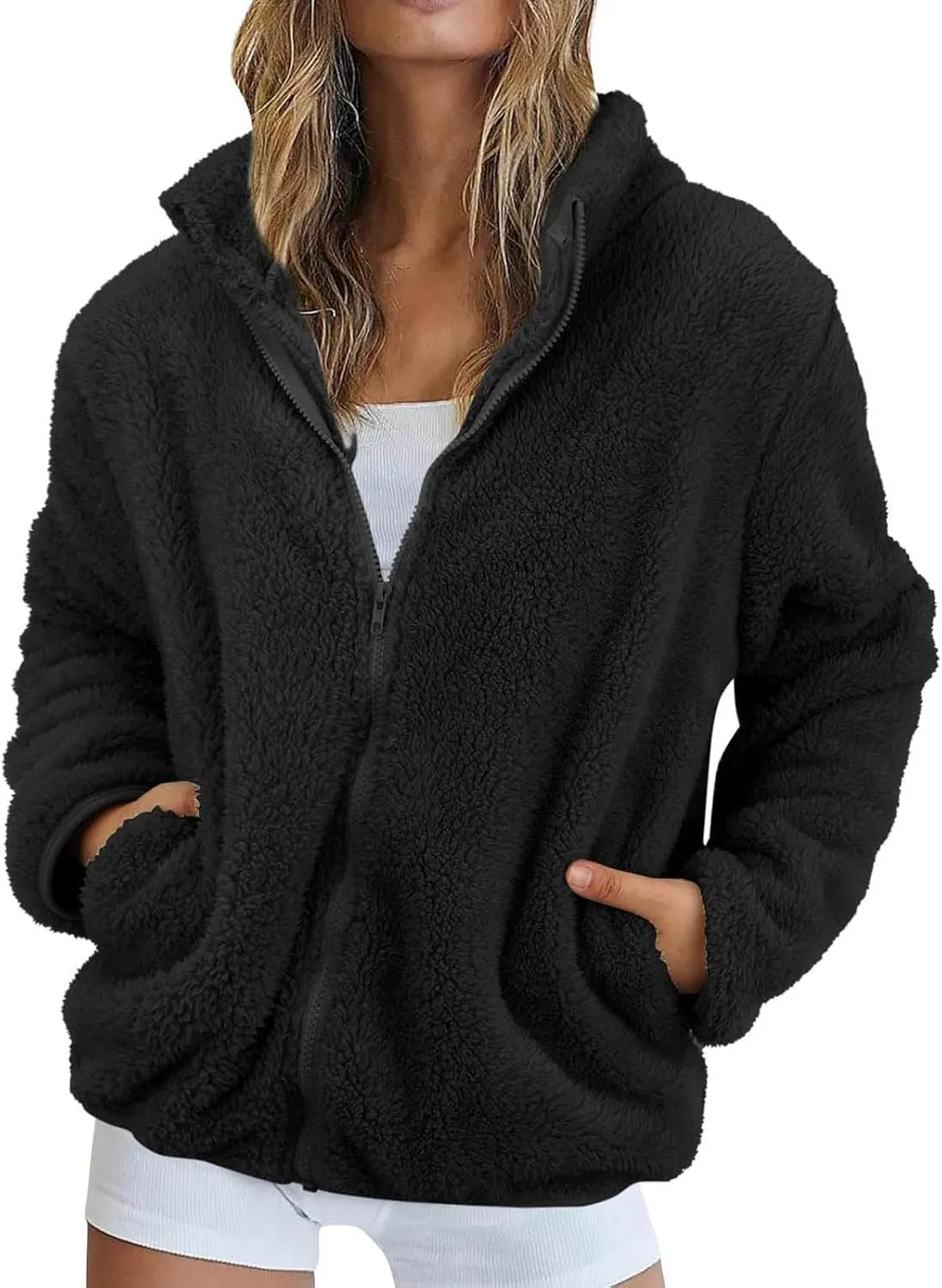 Womens Sherpa Jacket Winter Warm Fleece Zip Up Jacket Lightweight Long Sleeve Sweatshirts Casual Stand Collar Coats
