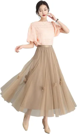 Womens Skirt Floral Mesh High Waist A-Line Spring Summer Skirt
