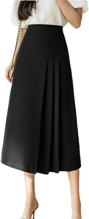 Women's Solid Color High Waist Mid-Length A-Line Retro Pleated Office Casual Skirt