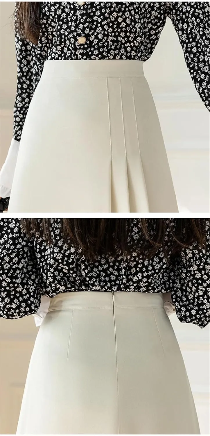 Women's Solid Color High Waist Mid-Length A-Line Retro Pleated Office Casual Skirt