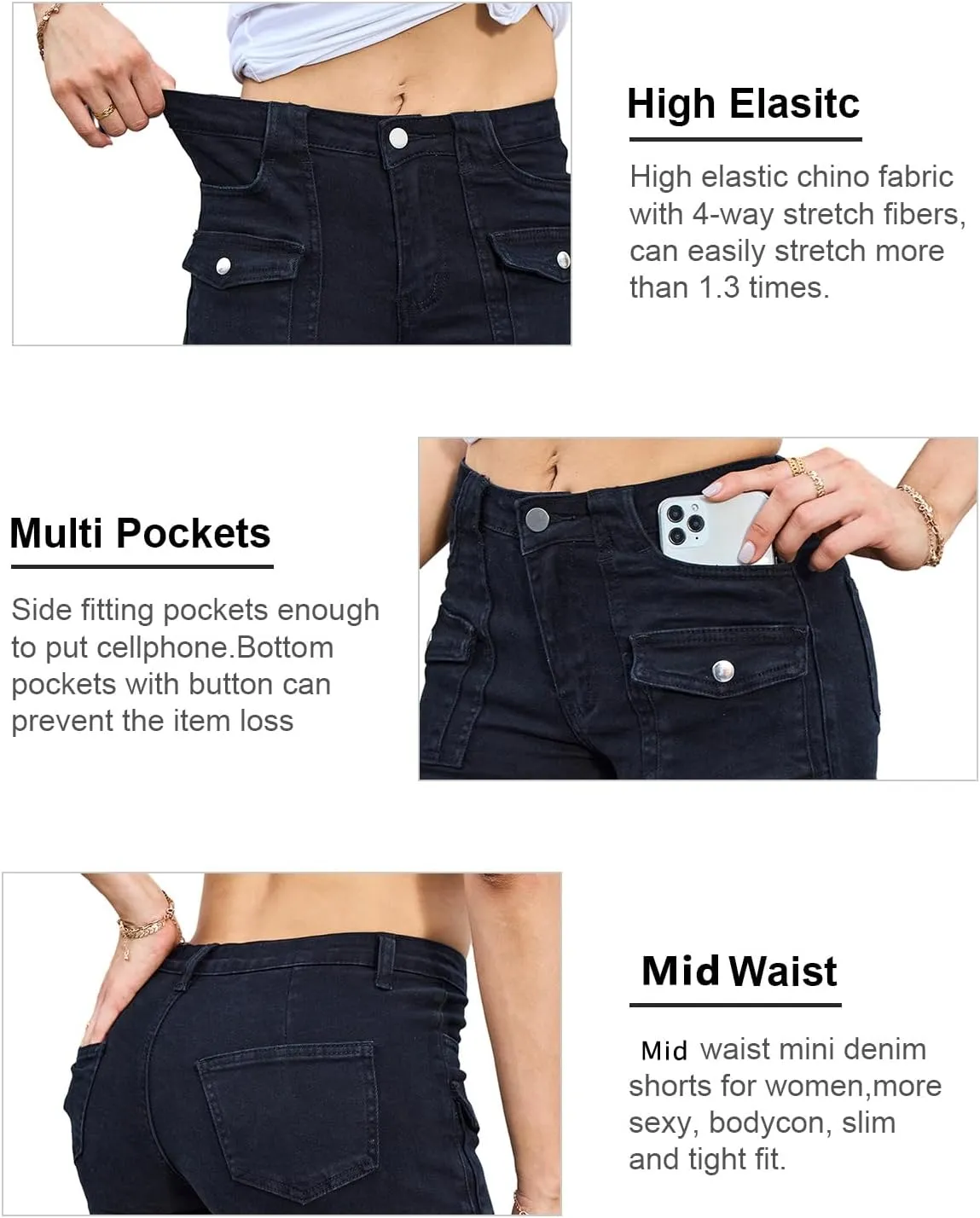 Women's Stretchy Jean Shorts Mid Waisted Twill Shorts Stretch Junior Booty Denim Shorts with Pockets Club Night