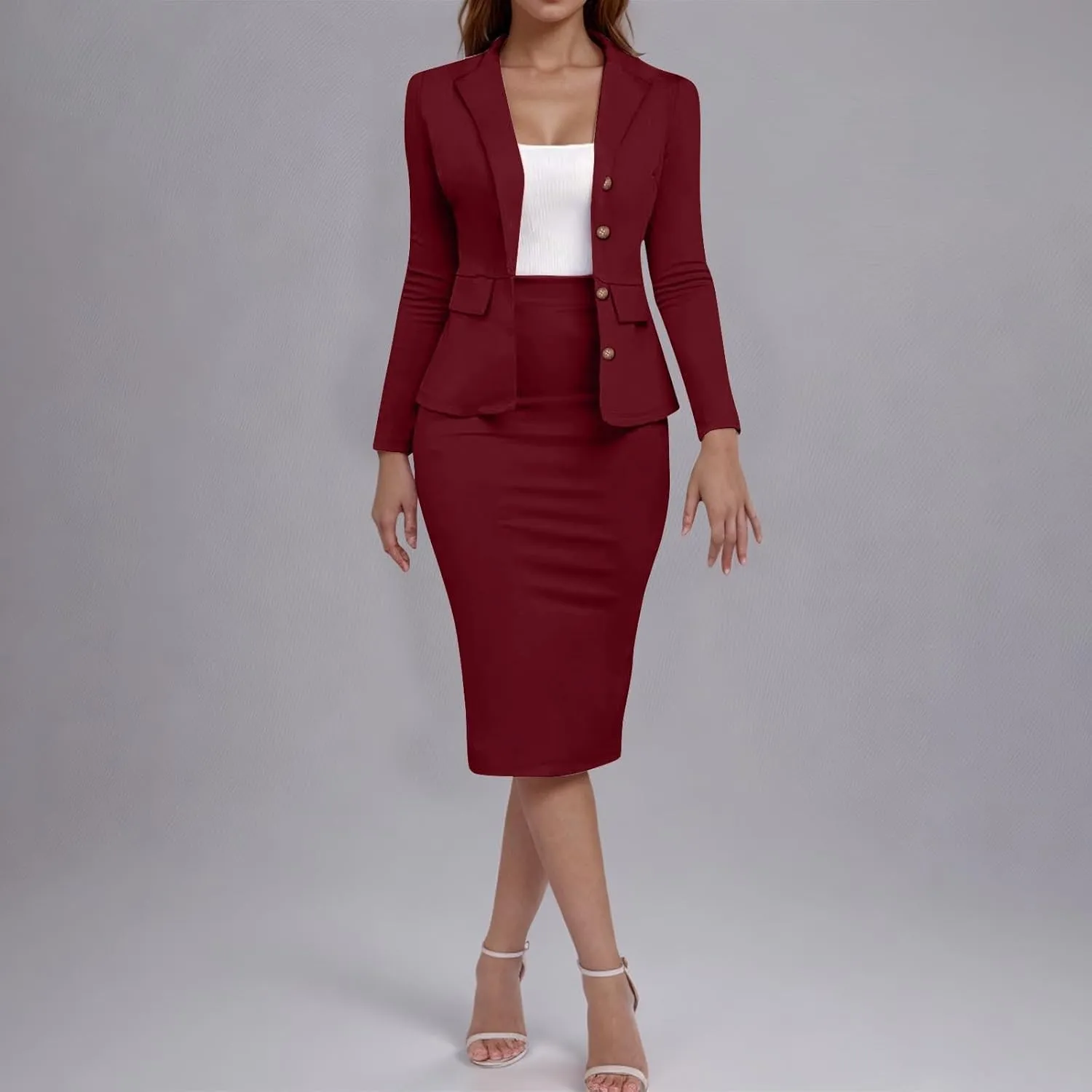Womens Suits 2 Piece Set Business Skirt Suit Set Long Sleeve Blazer and Skirt Suit Set Casual Work Office Outfits