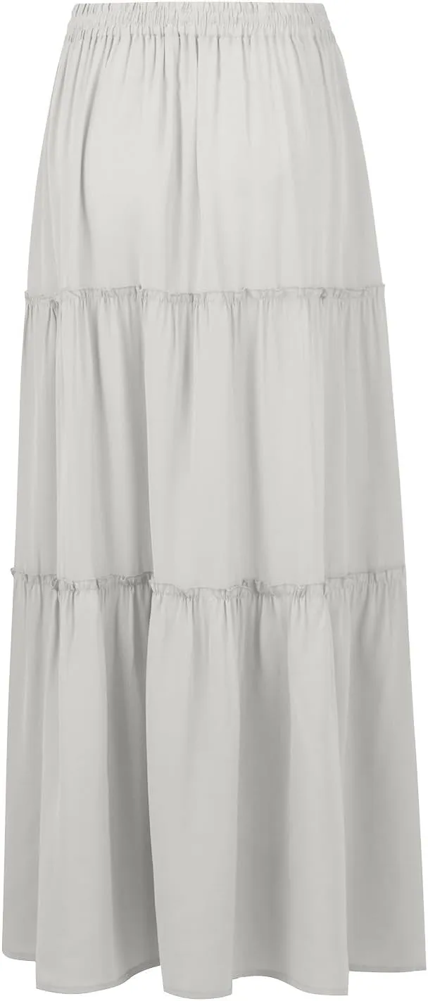 Women's Summer Boho Maxi Skirt A-Line Flowy Ruffle Tiered Elastic High Waist Beach Pleated Long Skirts with Pockets