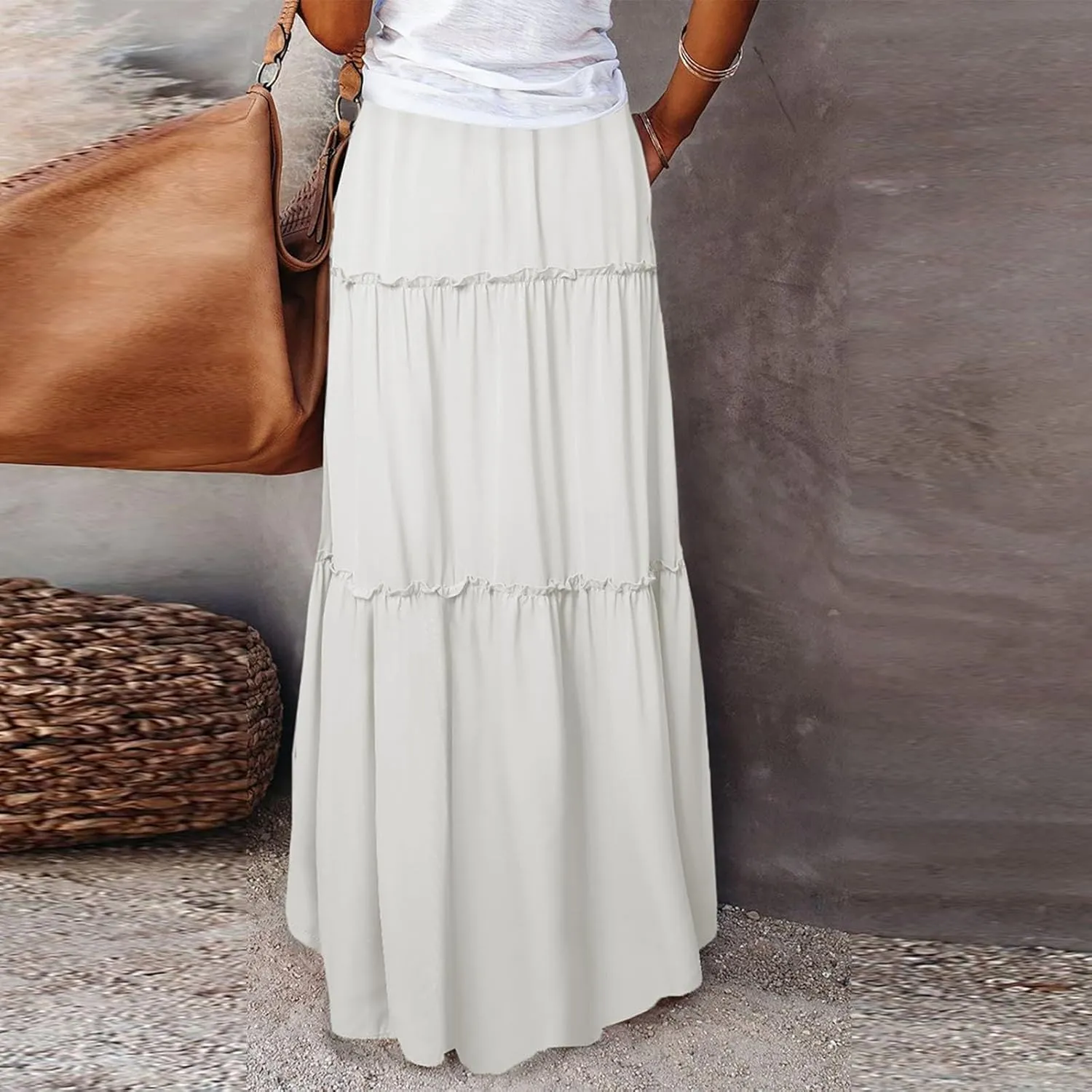 Women's Summer Boho Maxi Skirt A-Line Flowy Ruffle Tiered Elastic High Waist Beach Pleated Long Skirts with Pockets