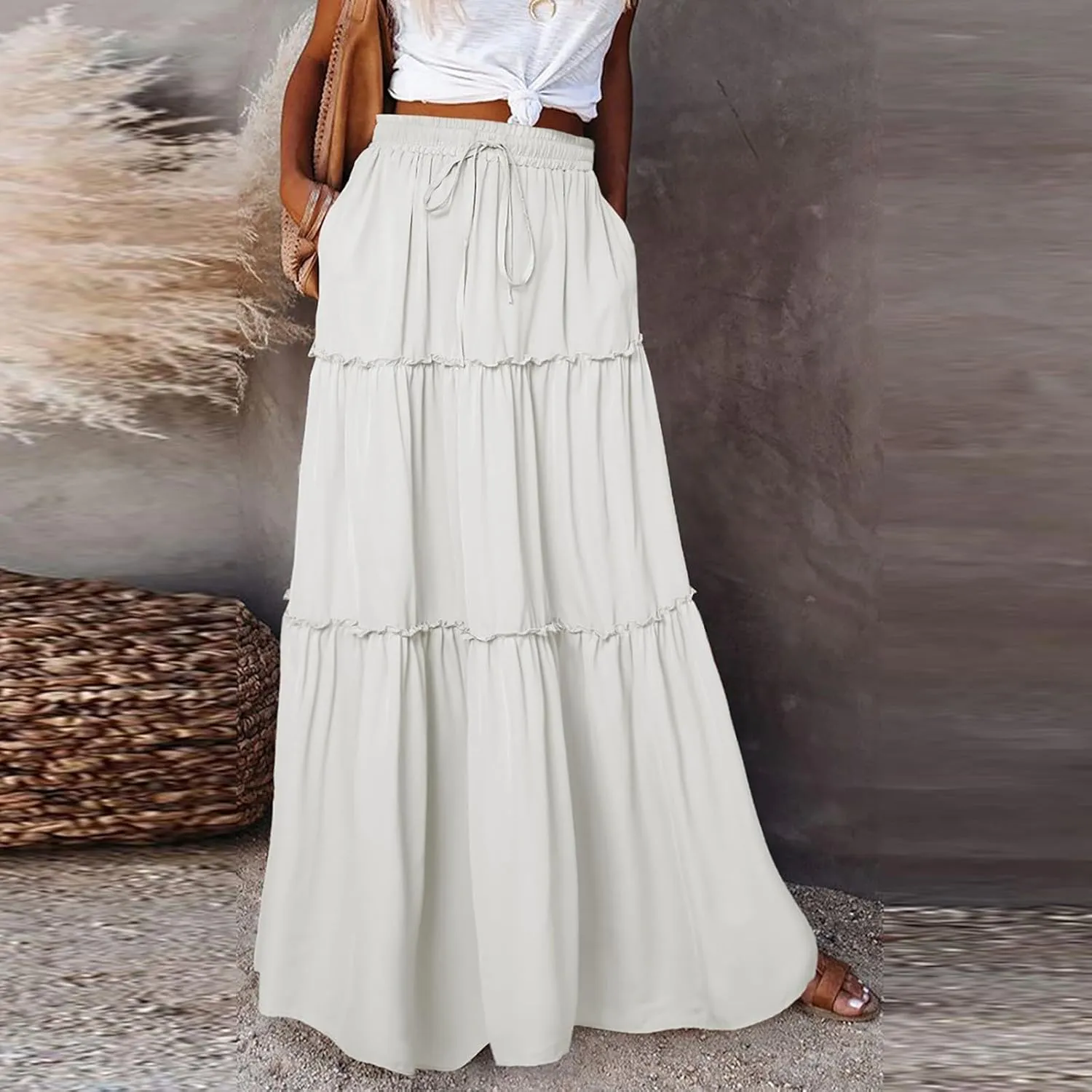 Women's Summer Boho Maxi Skirt A-Line Flowy Ruffle Tiered Elastic High Waist Beach Pleated Long Skirts with Pockets