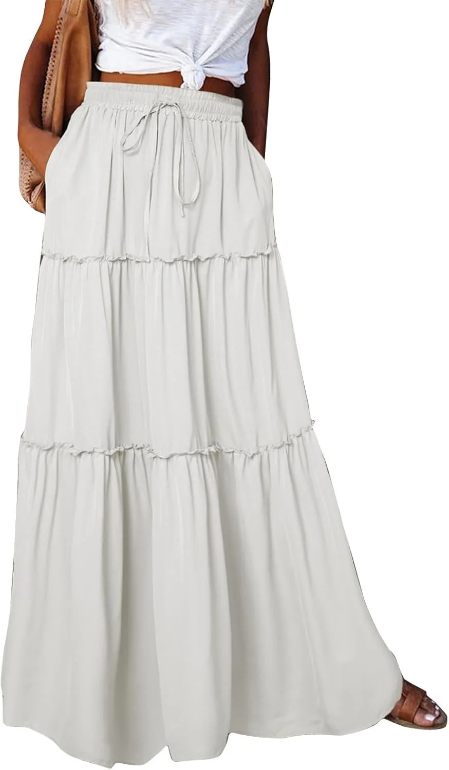 Women's Summer Boho Maxi Skirt A-Line Flowy Ruffle Tiered Elastic High Waist Beach Pleated Long Skirts with Pockets