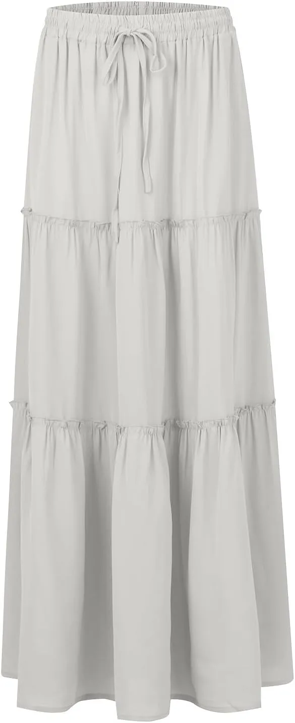 Women's Summer Boho Maxi Skirt A-Line Flowy Ruffle Tiered Elastic High Waist Beach Pleated Long Skirts with Pockets
