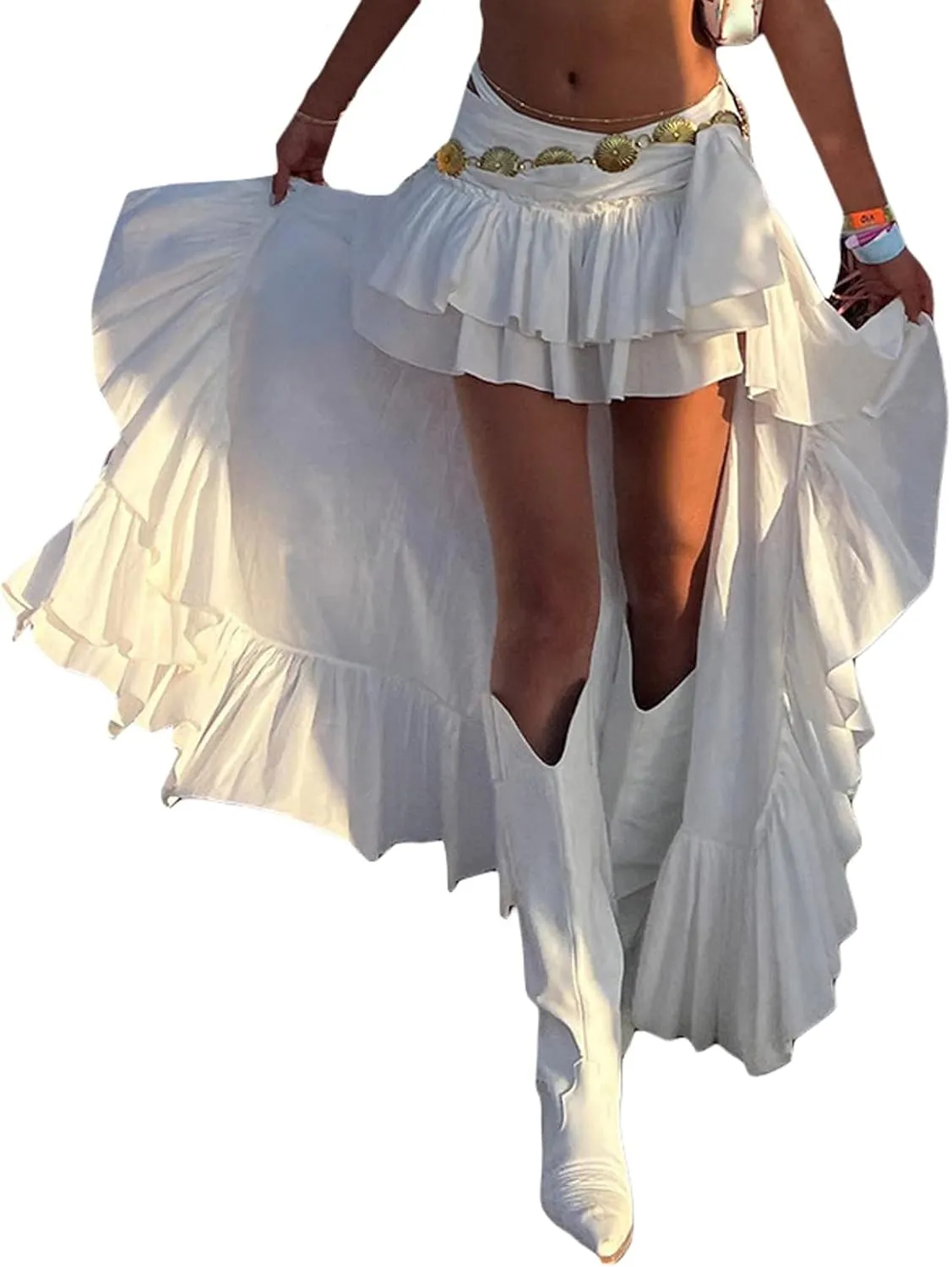 Womens Summer Boho Skirt Elastic Band Waist Flowy Skirt Irregular Ruffle Asymmetrical Midi Skirt